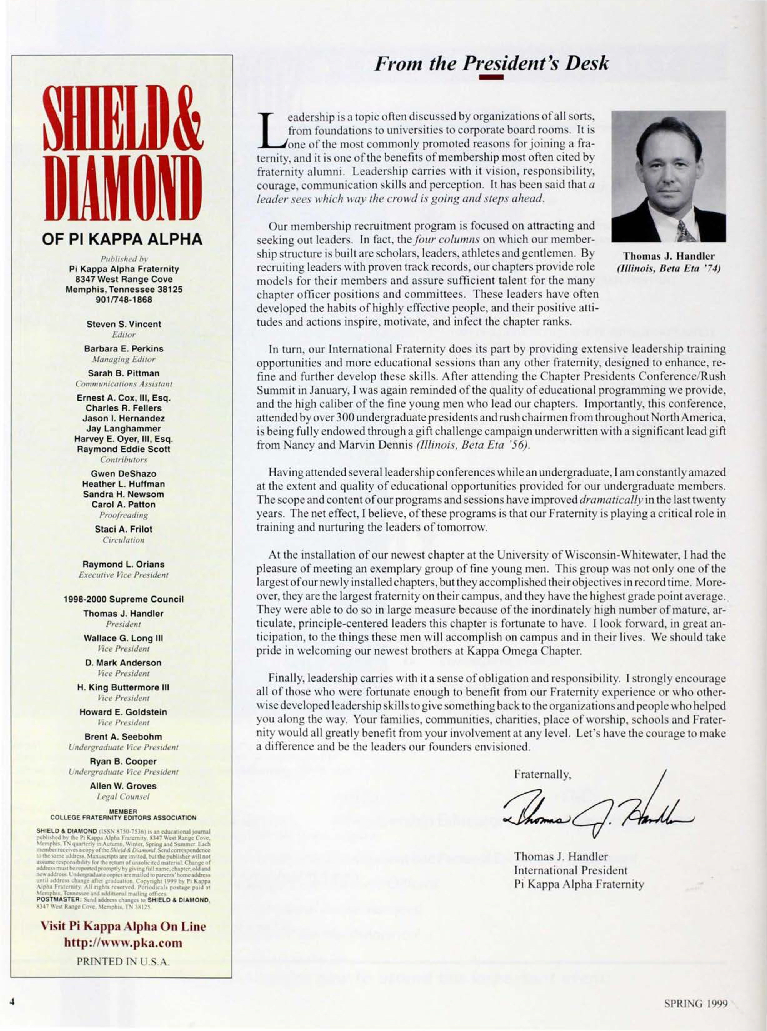 Shield & Diamond of Pi Kappa Alpha, Spring 1999